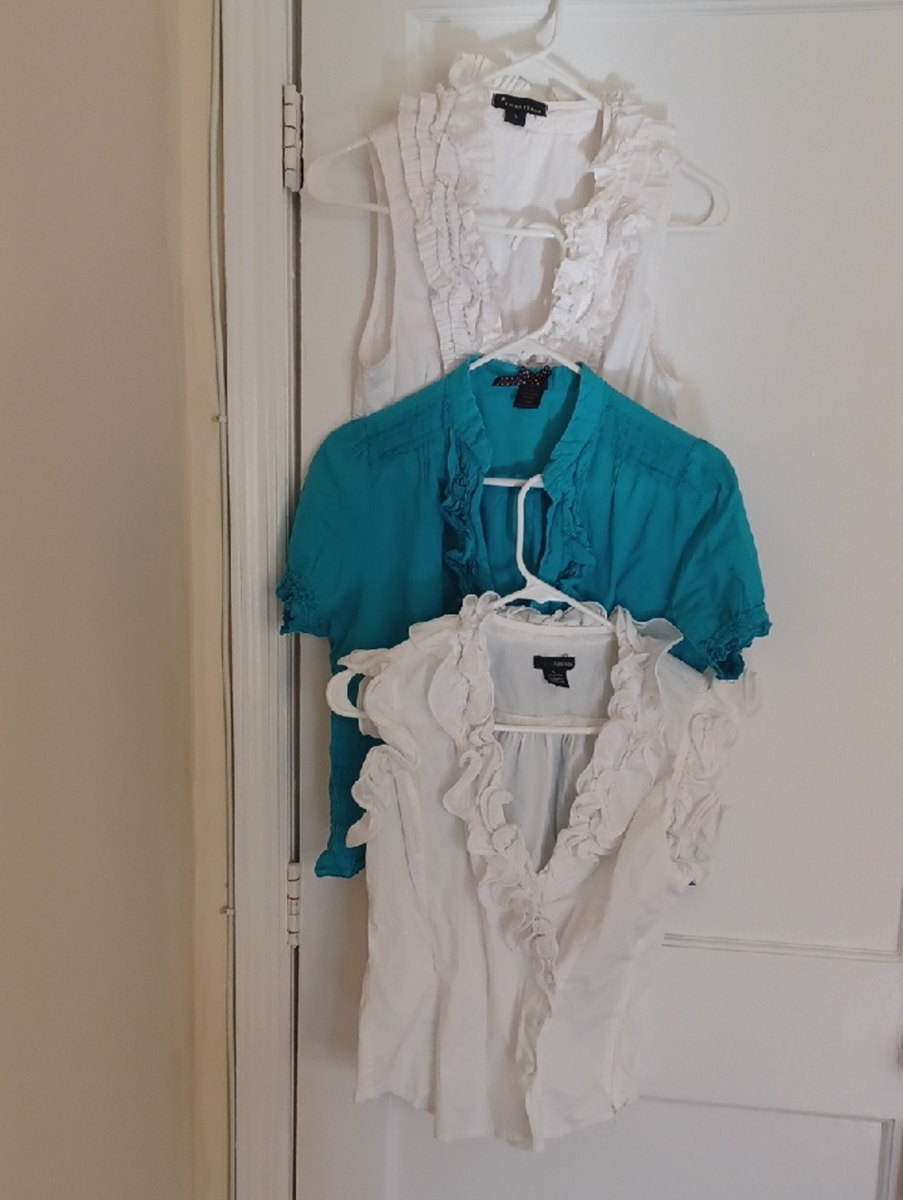Express Women's Ruffled V-Neck Blouse Trio - White & Teal